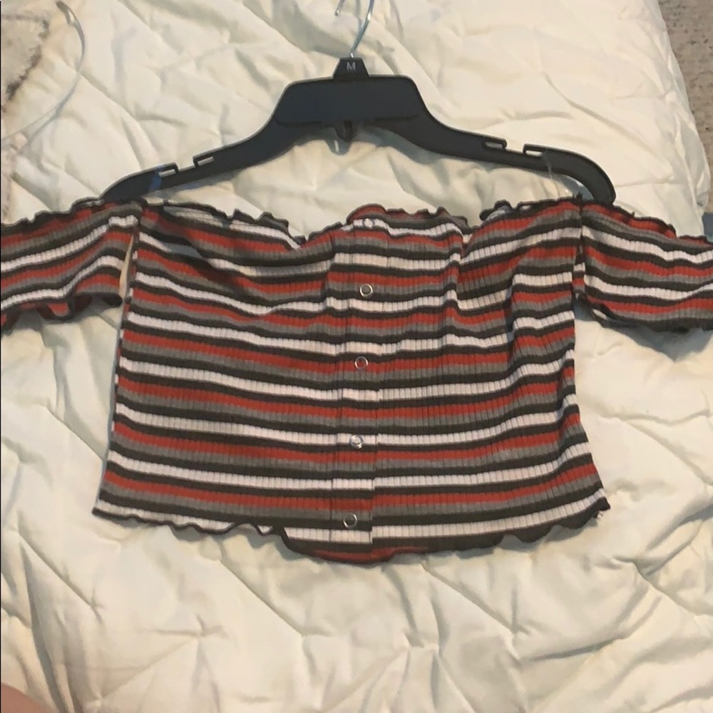 Striped Button Down Off The Shoulder Crop Top